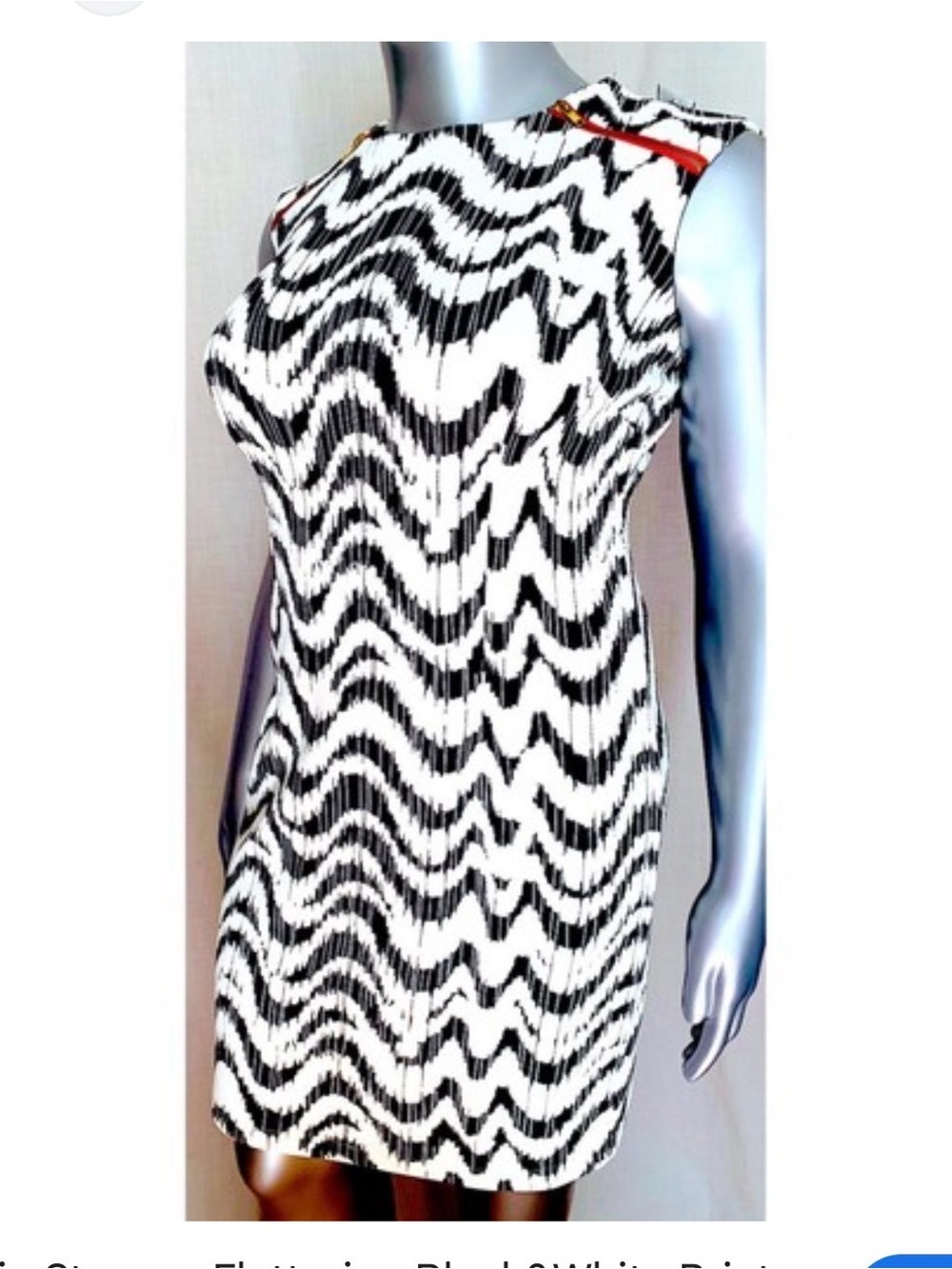 karin stevens Black and White Wave-Print Sleeveless Mini Dress with Red Accent